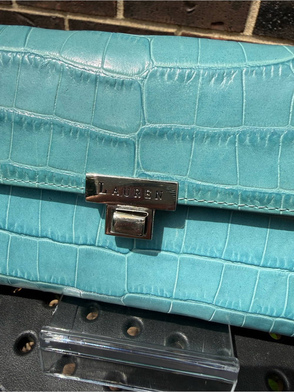 Lauren Ralph Lauren Croc Embossed Continental Wallet Turn Lock Blue - Picture 5 of 15
